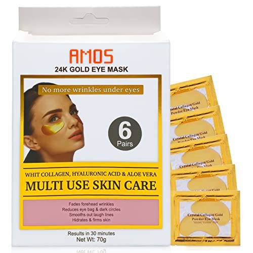 AMOSTIMELINE 24K Gold Eye Masks for Dark Circles and Puffiness (6 Pairs) with Collagen, Aloe Vera & Hyaluronic Acid-Anti-Aging Under Eye Patches for Dark Circles and Puffiness-Reduce Wrinkles