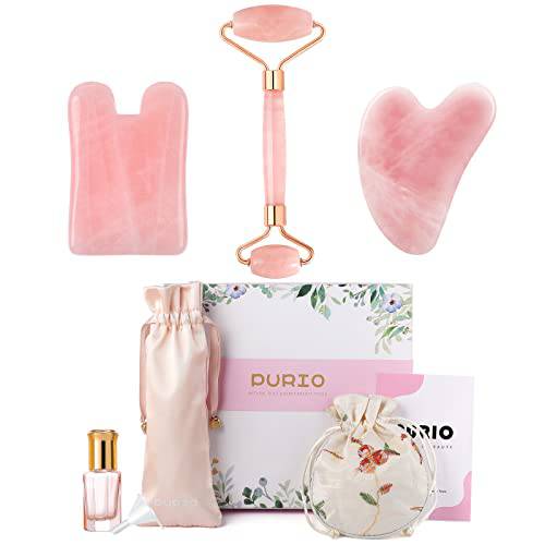 (Rose Quartz) Gua Sha Massage Tools Set, Face Roller + Gua Sha Boards + Glass Roller Bottle, for Eye Face Skin Care Jawline Sculpting Lymphatic Drainage, A Natural Self Care Gift for Men and Women