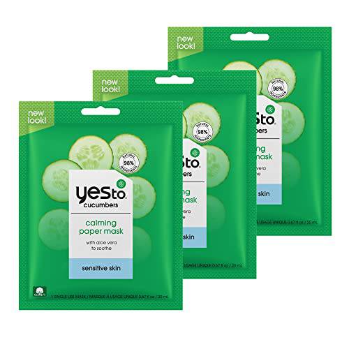 Yes To Cucumber Calming Paper Mask, Soothing Formula To Hydrate, Refresh, & Calm Sensitive Skin, Deep Hydration, With Aloe Vera & Antioxidant, Natural, Vegan & Cruelty Free (3 Pack)