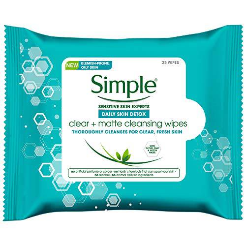Simple Daily Skin Detox Clear & Matte Cleansing Wipes, Clear + Matte 25 Pieces (Pack of 6, 150 Wipes total)
