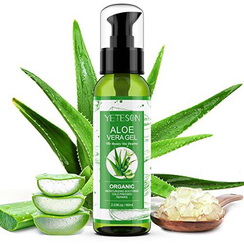 YETESON Aloe Vera Gel After Sun - Skin Care for Face Body Hair Hand Soothing Moisturizing Hydrating, Natural Pure Organic Moisturizer, Sunburn Relief Lotion, After Shave Cooling Cream 2.03fl oz/ 60ml