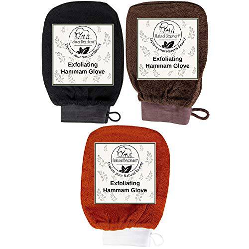 Natural Elephant Exfoliating Hammam Glove - Face and Body Exfoliator Mitt (Black, Brown and Orange (Pack of 3))