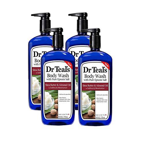 Dr Teal’s Epsom Salt Bath and Shower Body Wash with Pump - Shea Butter and Almond Oil - Pack of 4, 24 Oz Each - Soften and Moisturize Your Skin, Relieve Stress and Sore Muscles