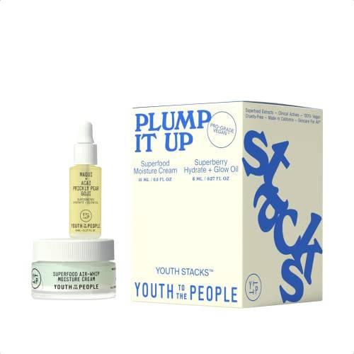 Youth To The People Youth Stacks Plump It Up - Superfood Moisture Cream (15mL) Superberry Hydrate + Glow Oil (8mL) Hydrating Skincare Kit - Face Moisturizer Set to Soften Skin - Vegan Skincare