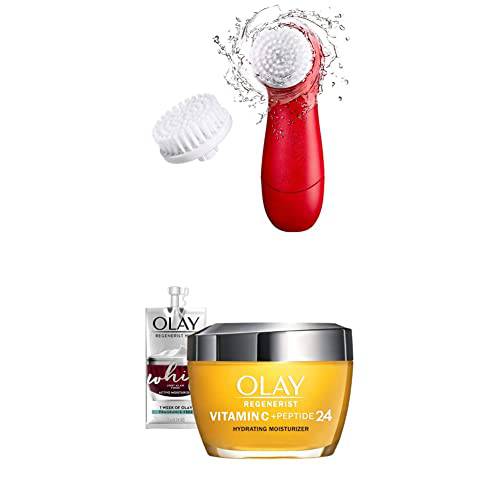 Facial Cleansing Brush by Olay Regenerist, Face Brush with 2 Brush Heads and Vitamin C + Peptide 24 Brightening Face Moisturizer (1.7 Oz) + Travel Size Whip Face Moisturizer