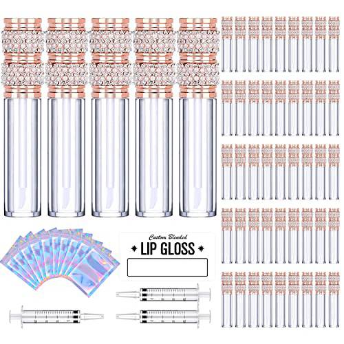 50 Pack Pearl Diamond Lip Gloss Tubes with Wand 5ml Empty Lip Gloss Containers Cute Lipgloss Bottles Crystal Lip Gloss Supplies Kit + 3pcs Syringes 10pcs Gift Bags + Labels for DIY Lip Gloss Base