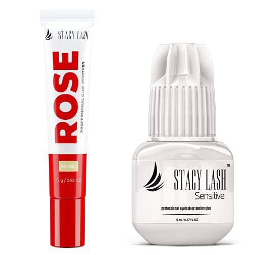 Rose Cream Remover + Sensitive Eyelash Extension Glue - Stacy Lash 5 ml / 5-6 Sec Drying time/Retention – 4-5 Weeks/Professional Use Only/Black Adhesive/Cream Remover/ 15g / GBL Free