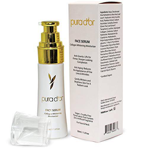 PURA D’OR Face Serum Collagen Whitening Moisturizer (30mL) - Whitens & Brightens Skin For Radiant, Firmer, Sharper Looking Complexion, Reduces the Appearance of Fine Lines & Wrinkles - For Face & Neck
