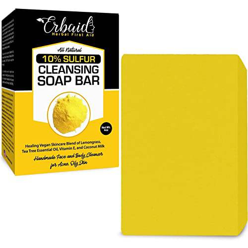 10% Sulfur Soap Cleansing Bar for Face & Body – All Natural Facial Cleanser for Acne, Oily Skin – Healing Skincare Blend of Lemongrass, Tea Tree Essential Oil, Vitamin E, Coconut Milk – Made in USA (4 Ounce (Pack of 1))