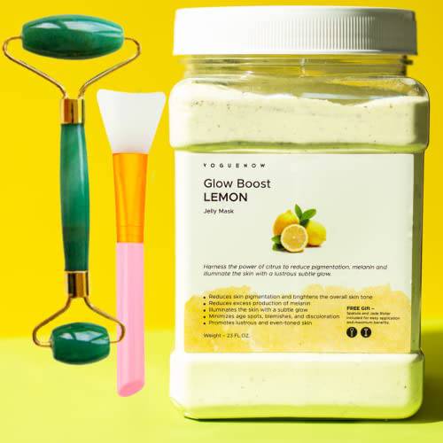 Lemon Jelly Face Mask for Facials - 23 Fl Oz Jar with Free Jade Roller & Spatula | DIY & Professional Hydrojelly Masks | Vajacial Jelly Mask Powder | Skin Moisturization, Brightening & Nourishment