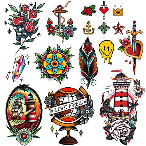 CARGEN Temporary Tattoos for Women Men Vintage Feather Flower Temporary Tattoos for Women Classic Sword Globe Lighthouse for Men American Traditional Tattoo for Arm Foot for Party