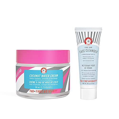 First Aid Beauty Bundle: Hello FAB Coconut Water Cream – Lightweight, Oil-Free Face Moisturizer – 1.7 oz. – and Deluxe Mini Pure Skin Face Cleanser – 1 oz.