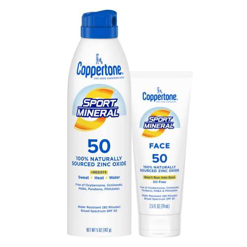 Coppertone SPORT Sunscreen Spray SPF 50 + Zinc Oxide Mineral Face Sunscreen SPF 50, Water Resistant Sunscreen Pack (5 Oz Spray + 2.5 Fl Oz Tube)