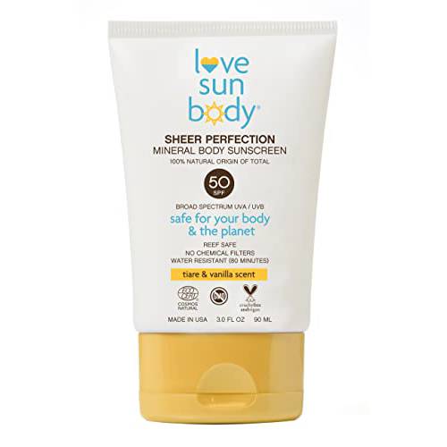Love Sun Body Sheer Perfection Mineral Body Sunscreen, Certified 100% Natural Origin, SPF 50 Broad Spectrum, Sunblock Lotion, Sensitive Skin Safe, Travel Size, Reef Safe, Tiare & Vanilla Scent, Cosmos Natural