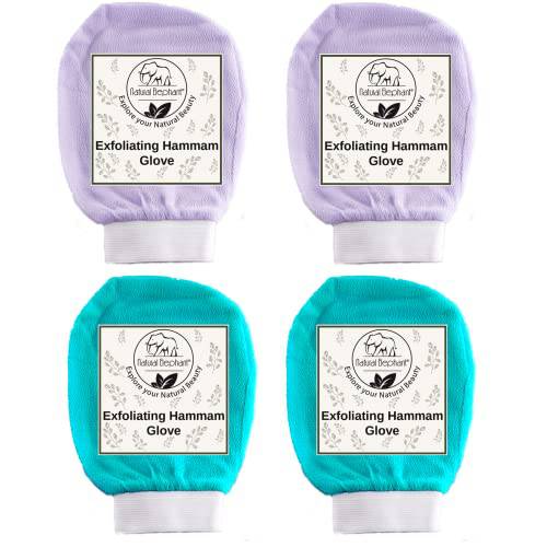 Natural Elephant Exfoliating Kessa Glove - Face and Body Exfoliator Hammam Mitt (2 Lilac and 2 Teal (Pack of 4))