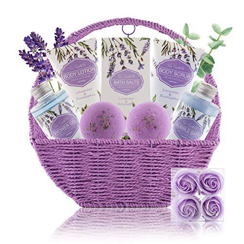 Se SentiR Spa Gift Baskets for Women - Holiday Christmas Gifts for Mom - Relaxing at Home Spa Kit in Lavender Eucalyptus - 12 Pc Home Bath Set Body Lotion Bubble Bath Bombs Bath Salts Shower Gel