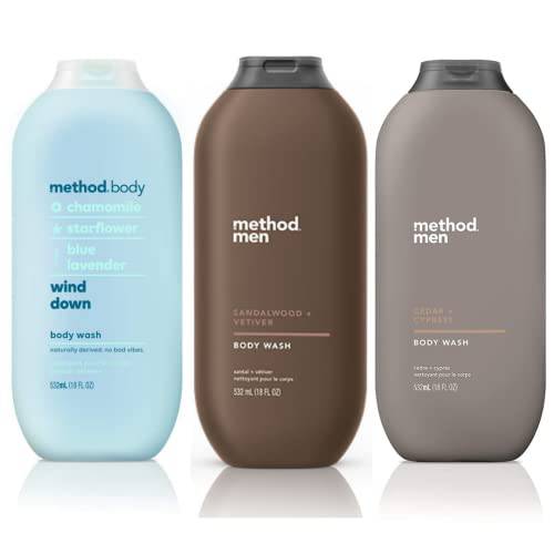 Method Body Wash Sampler Variety - 3 scents - Pure Peace, Sea & Surf, & Simply Nourish - 18oz (3 pack) In Sanisco Box.