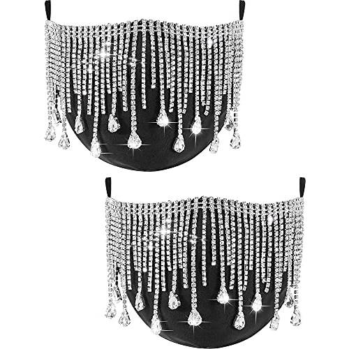SATINIOR 2 Pieces Sparkly Rhinestones Mesh Face Covers Bling Crystal Black Tassel Face Cover Halloween Masquerade Party Nightclub Face Covers For Women And Girls average size