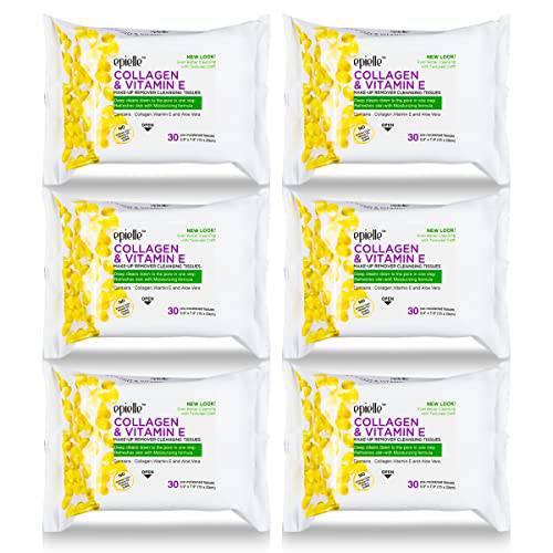 Epielle New Makeup Remover Cleansing Wipes Tissue - Collagen 30 Count 6 Pack | Gentle for all Skin Types | Daily Facial Cleansing Towelettes | Removes Dirt, Oil, Makeup (Collagen)