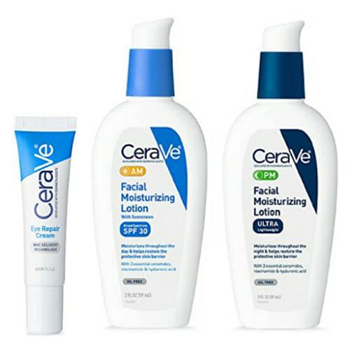 CeraVe Skincare Bundle - CeraVe Eye Repair Cream (0.5 oz), AM CeraVe Facial Moisturizing Lotion with Sunscreen (2 oz), and PM Facial Moisturizing Lotion (2 oz)