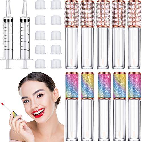 10 Pieces Crystal Rhinestone Lip Gloss Tubes with Wand 5 ml Refillable Empty Lip Gloss Bottles Lip Balm Bottles with Rubber Stoppers and 2 Pieces Syringe for DIY Travel Toiletries
