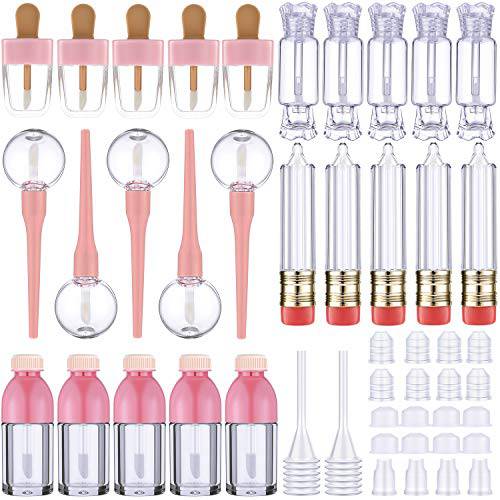 30 Pieces Empty Lip Gloss Tubes Tool Set, Include 25 Pencil Ice-cream Lollipop Coke Bottle Candy Shaped Empty Lip Gloss Bottle Refillable Lip Balm Containers and 5 Plastic Funnels for Women Girls DIY
