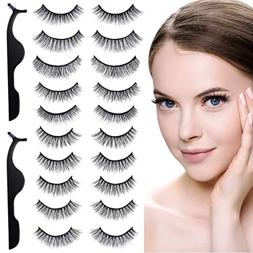 10 Pairs Reusable Self Adhesive Eyelashes False Lashes No Glue or Eyeliner Needed, Natural Stick on Eyelashes Waterproof Self Sticking Fake Eyelashes with Tweezers for Women Gift