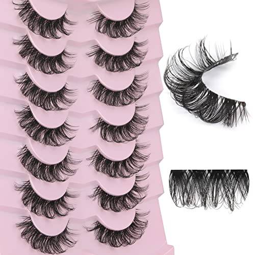 False Eyelashes Wispy Russian Strip Lashes Clear Band 15MM DD Curl Natural Look Fluffy Soft Fake Eyelashes 7 Pairs Pack FANXITON Faux Mink Lashes(F-01)