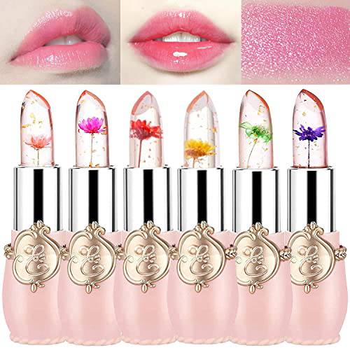 Deepmind 6 Pcs Crystal Flower Jelly Lipstick Magic Lip Color Changing Lip Balm PH Clear Temperature Color Changing Lipstick Long Lasting Nutritious Moisturizing Lip Gloss (Pink)