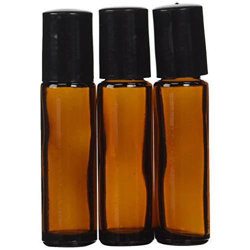 Aromatherapy - Amber Glass Bottle with Roll On Applicator and Black Cap - 10 ml - Package of 6
