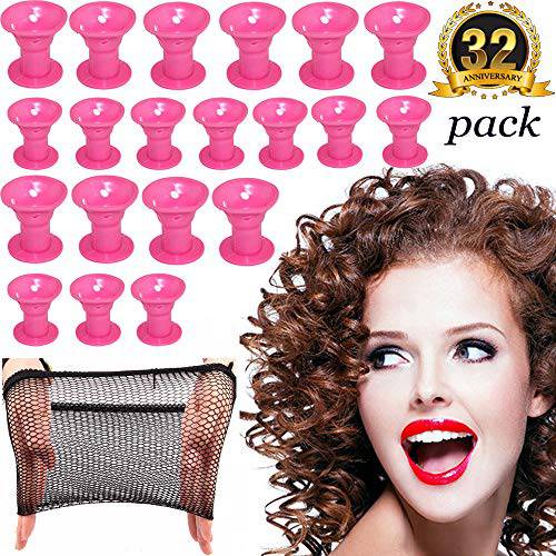 Hair Curlers Rollers Silicon Hair Style Rollers Soft Magic DIY Hair Style Tools with Nat Cap set (30 pink)…