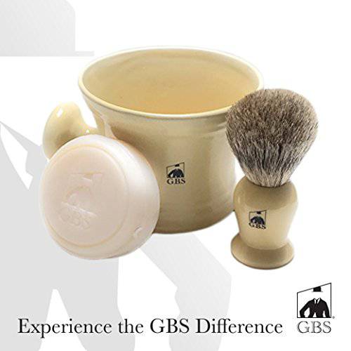 GBS Men’s Shaving Set Ivory - 3 Piece set - Hair Brush, Ceramic Mug & 97% All Natural Shave Soap Compliments any Shaving Razor For The Best Shave Grooming