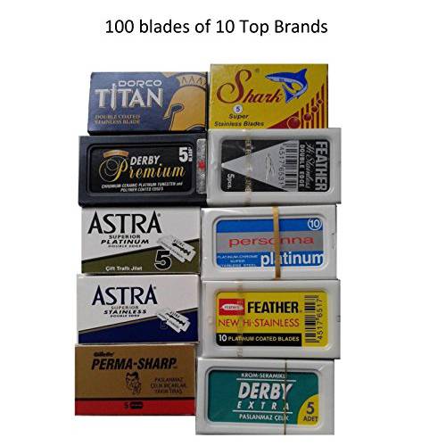 NEW 100 Shaving Safety Razor Double Edge Blades of 10 Top Brands - Feather ASTRA PERSONNA.Sampler Pack