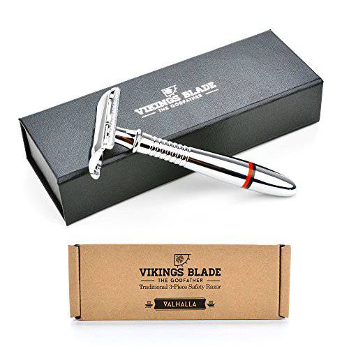 Double Edge Safety Razor by VIKINGS BLADE, Long Handle, Swedish Steel Blades Pack + Luxury Case. Traditional 3 Piece, Heavy Duty, Reduces Razor Burn, Smooth, Close, Clean Shave (Model: The Godfather)