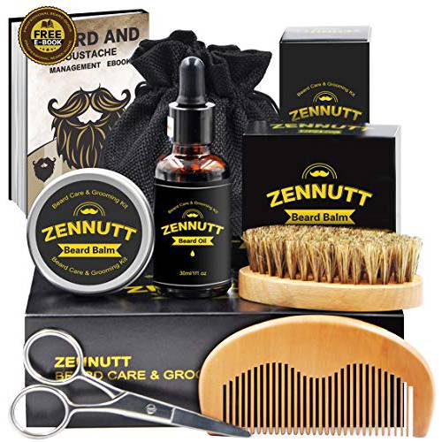 Ultimate Beard Care Kit for Men w/ Free Beard Conditioner & Beard Balm Butter & Beard Oil & 100% Boar Beard Brush & Wood Beard Comb & Beard & Mustache Scissors,Best Gift Set