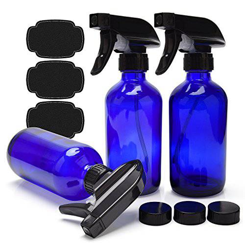 ULG Empty Glass Spray Bottles, 8 oz Boston Round Clear Bottle Heavy Duty Black Trigger Sprayer Mist and Stream Settings Refillable Container with Scale for Essential Oils Cleaning Products