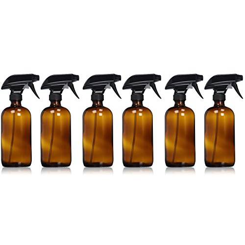 Sally’s Organics Empty Amber Glass Spray Bottle - Large 16 oz Refillable Container for Essential Oils, Cleaning Products, or Aromatherapy - Black Trigger Sprayer w/Mist and Stream Settings - 6 Pack