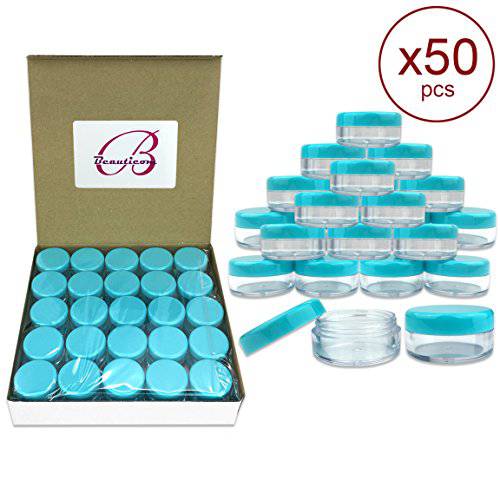 Beauticom (Quantity: 50 Pieces) 5G/5ML Round Clear Jars with Teal Sky Blue Lids for Scrubs, Oils, Toner, Salves, Creams, Lotions, Makeup Samples, Lip Balms - BPA Free