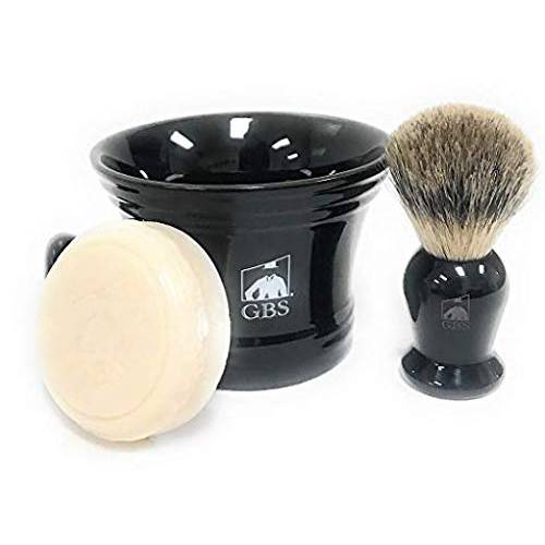G.B.S Men’s Wet Shaving Black Set - Pack of 3 Piece- Synthetic Hair Shaving Brush, Ceramic Mug and 97% All Natural Shaving Soap Compliments for any Shaving Razor