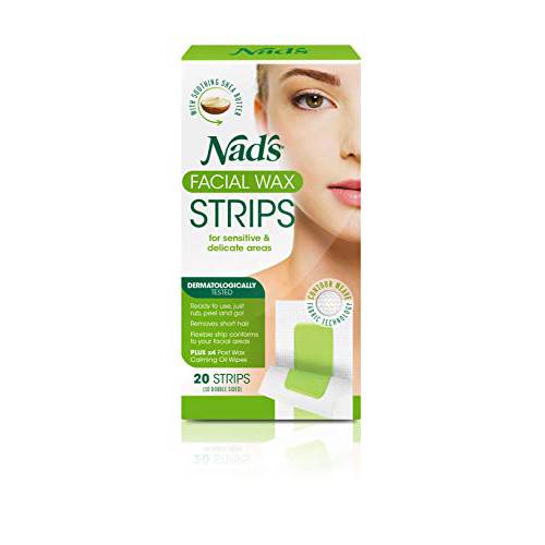 Nad’s Facial Wax Strips - Hypoallergenic All Skin Types - Facial Hair Removal For Women - At Home Waxing Kit with 20 Face Wax Strips + 4 Calming Oil Wipes