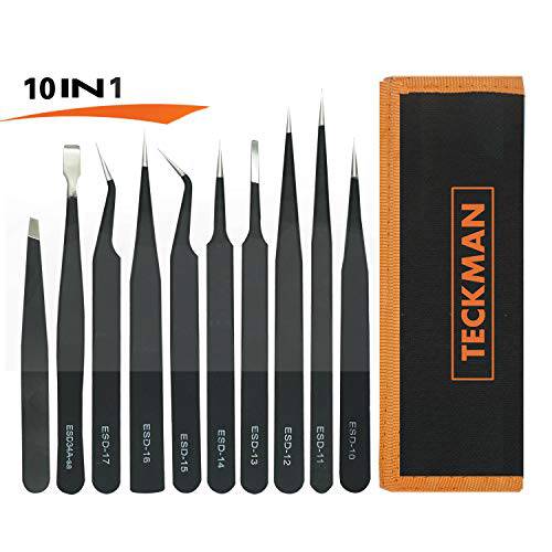 Precision Tweezer Set of 6, TECKMAN Anti-static ESD Stainless Steel Tweezers Tool Kit of with Curved,Pointed,Round Flat Tweezers for Men and Women,Eyebrow,Craft, Jewelry, Soldering & Laboratory Work
