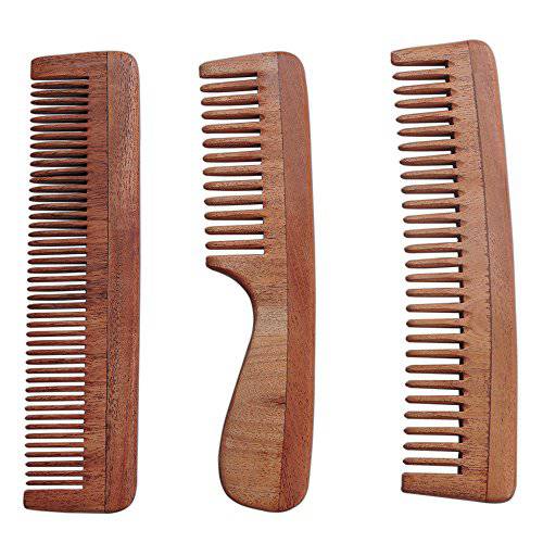 HealthGoodsIn - Set of 3 Pure Neem Wood Combs for Strong and Shiny Hair | Wide Tooth Neem Comb | Fine Tooth Neem Comb | Wide Tooth Neem Comb with Handle for Hair and Scalp Health | Ultra Saver Pack