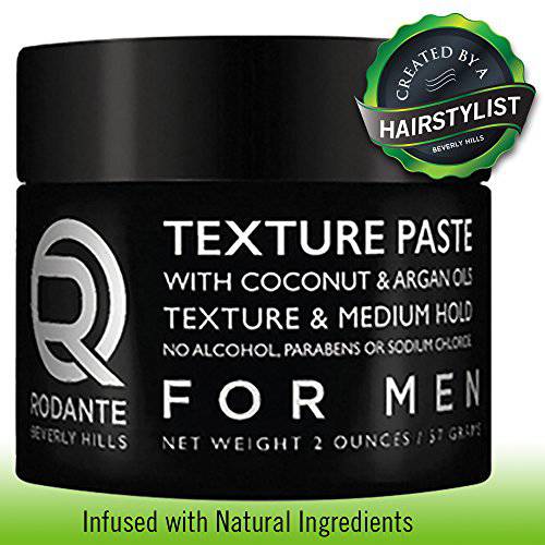 Rodante Beverly Hills Mens Hair Paste Matte Pomade | Medium Hold Hair Pomade For Men| Hair Wax Hair Texture Paste For Men| Coconut and Argan Oil Clay Cream | Alcohol & Paraben Free Travel Size 2 oz