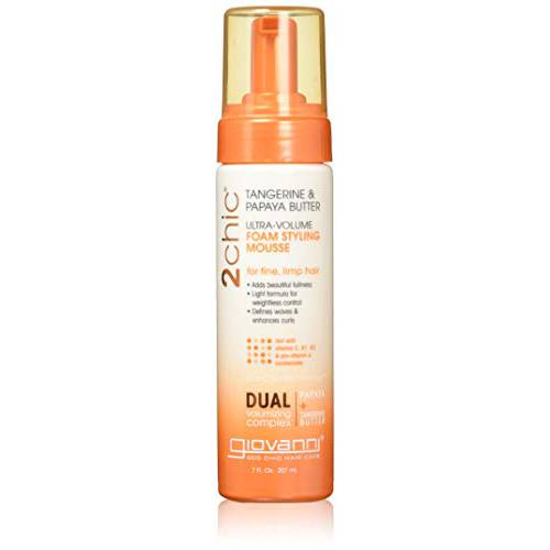 GIOVANNI 2chic Ultra-Volume Foam Styling Mousse, 7 oz. - Daily Volumizing Formula with Papaya & Tangerine Butter, Promotes Weightless Control for Fine Limp Thin Hair, No Parabens, Color Safe