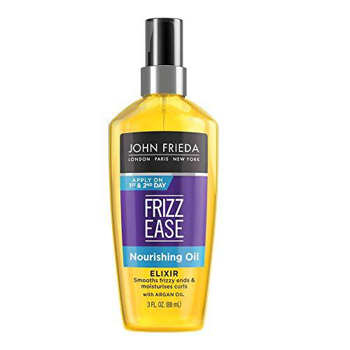 John Frieda Frizz Ease Nourishing Elixir Oil, Travel Size Heat Protectant Oil, Healthy Moisture for Unmanageable Hair, Heat Protectant, 3 Ounces, Infused with Argan Oil