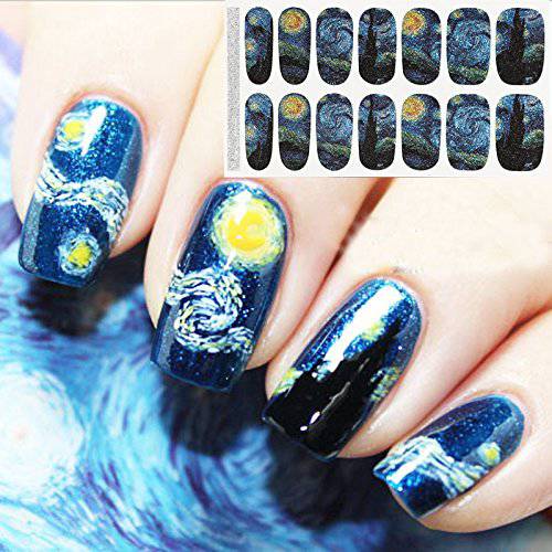 Van Gogh’s Starry Night Fullnail Stickers, Full Nail Starry Sky Art Stickers 14 Decals/Sheet, Shimmery Glittery Nail Sticker (Pack of 2 Sheets and 1 Mini Grater)