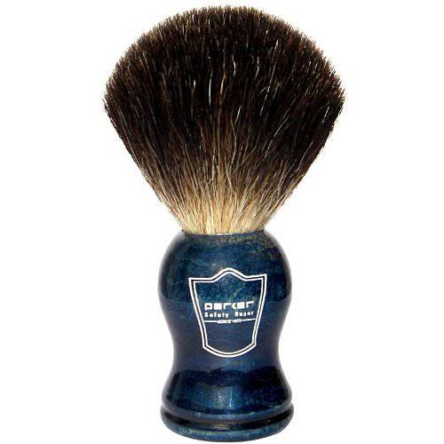 Parker Safety Razor 100% Black Badger Bristle Shaving Brush with Blue Wood Handle - Brush Stand Included