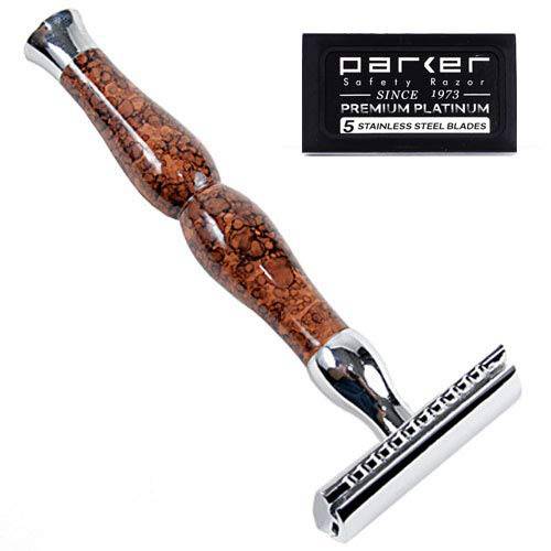 Parker Safety Razor, 45R Heavyweight Double Edge Safety Razor – 3 Piece Design with 4 Inch Handle - Solid Brass Frame for Durability –5 Parker Double Edge Razor Blades included