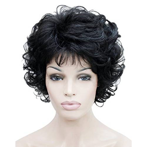 Klayss Short Synthetic Curly Wavy Wigs with Hair Bangs Lightweight Natural Looking Black Wigs for Women