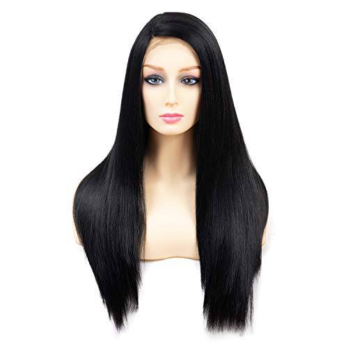 OneDor 24 Inch Kanekalon Fiber Straight Lace Front Wig - Glueless Side Part Wigs for Women (1B - Black)